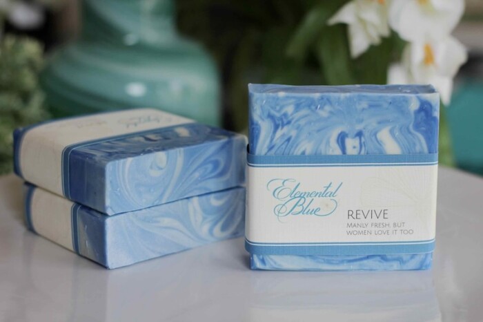 Three Revive soaps with labels, from Elemental Blue