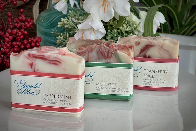 Three holiday soaps from Elemental Blue, including Peppermint, Mistletoe and Cranberry Spice