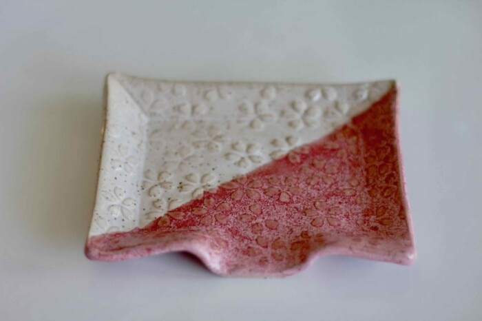 Flower Pattern Red and White Handmade Ceramic Soap Dish