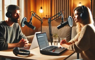 A man and woman participating in a podcast about Elemental Blue