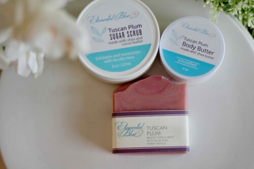 Tuscan Plum sugar scrub, body butter and soap from Elemental Blue