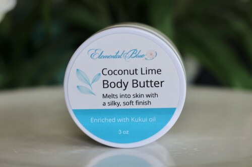 Elemental Blue Coconut Lime Body Butter enriched with kukui oil, a moisturizing body butter with a fresh coconut and lime fragrance.